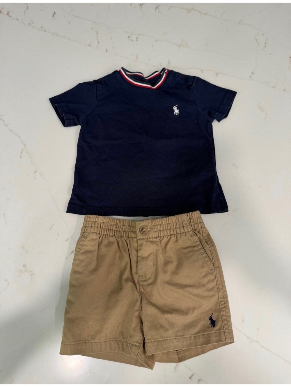Ralph Lauren Baby Boy 6M Navy Blue Polo Shirt and Khaki Shorts Set